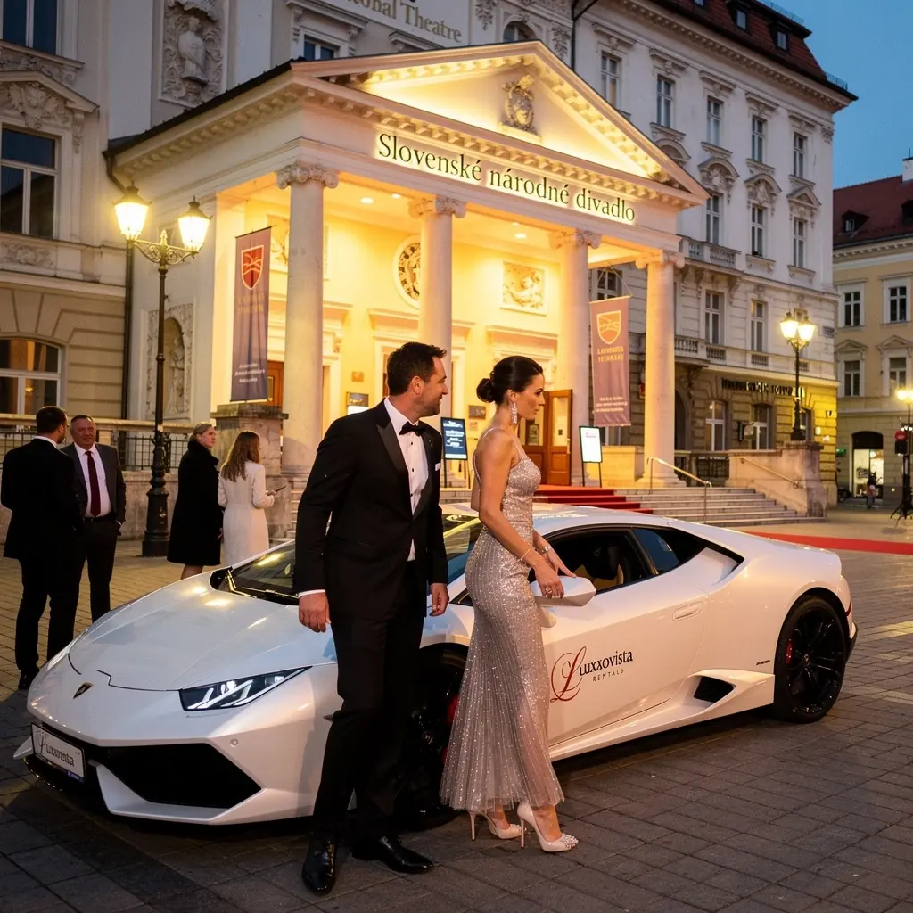 Luxusné auto zaparkované pred historickou budovou v Bratislave